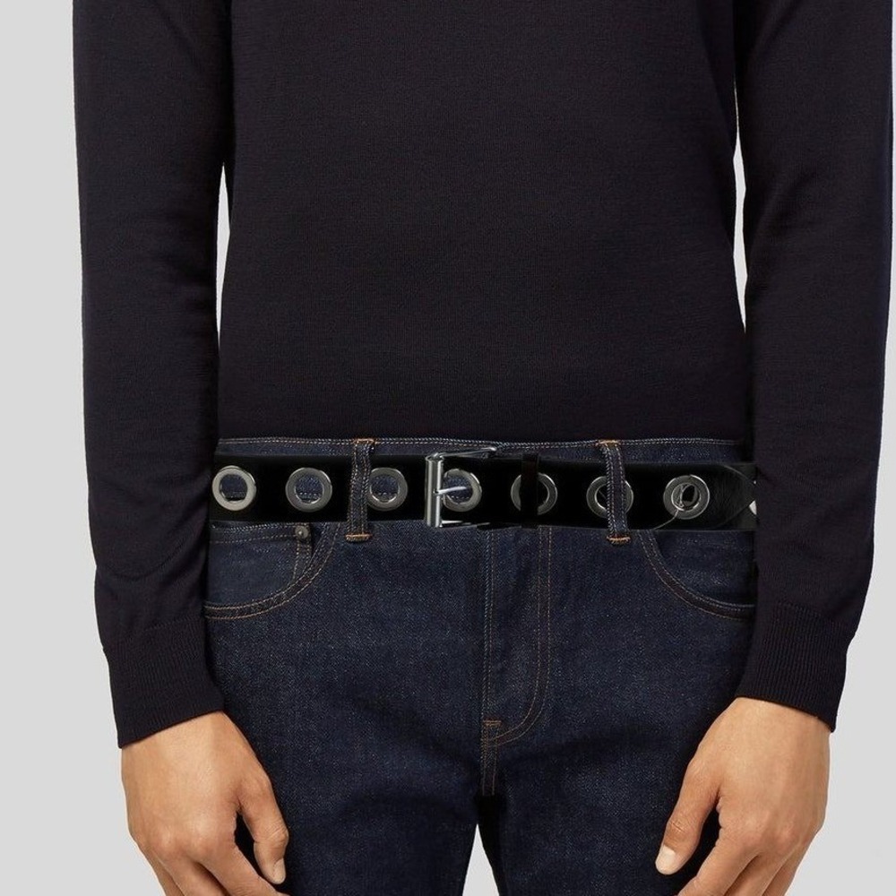 AllSaints Corben Eyelet Belt Black Leather Silver Grommet Punk Size 36